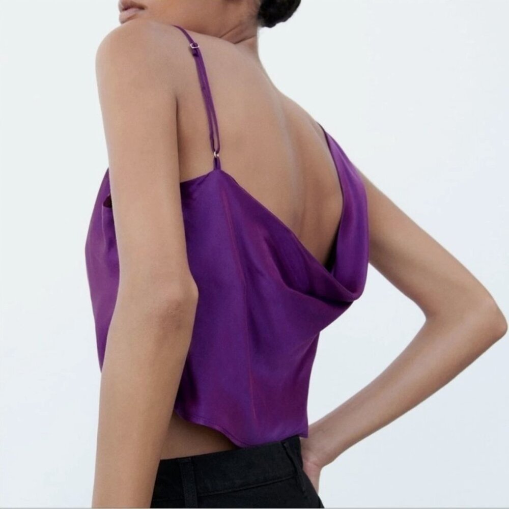 Zara Satin Asymmetrical Crop Top – Brand New with Tags NWT – Size S 💜 - Picture 5 of 12